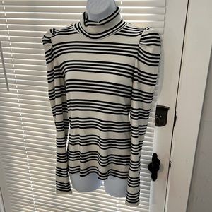 Like NEW Veronica Beard Puff Sleeve Ribbed Turtleneck Cream Black Stripe Sweater